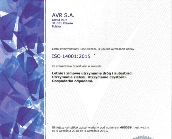 AVR S.A. posiadaczem certyfikatu ISO 14001:2015 1